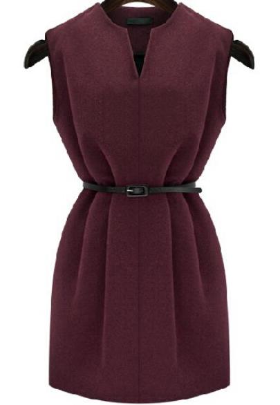 Romwe V Neck Sleeveless Wine Red Dress
