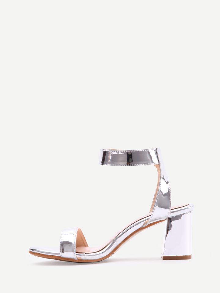 Romwe Silver Metallic Open Toe Ankle Strap Chunky Sandals