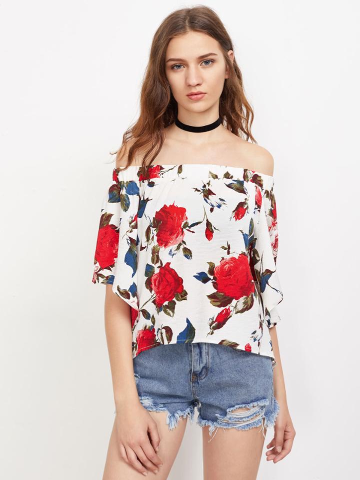 Romwe Bardot Floral Print Slit Back Dip Hem Top