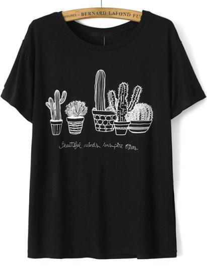 Romwe Black Short Sleeve Cactus Embroidered T-shirt