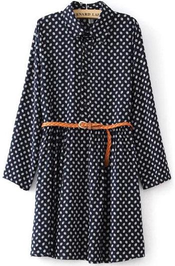 Romwe Navy Lapel Long Sleeve Vintage Print Dress