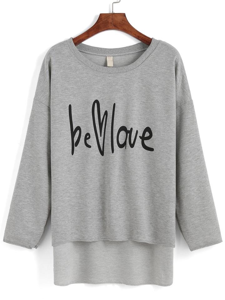 Romwe Letter Print Dip Hem T-shirt