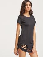 Romwe Black Ripped Detail Curved Hem T-shirt