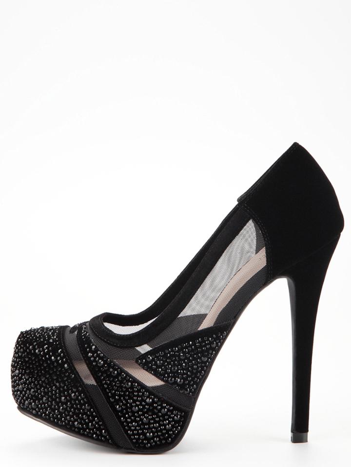 Romwe Black Faux Suede Mesh Panel Platform Heels