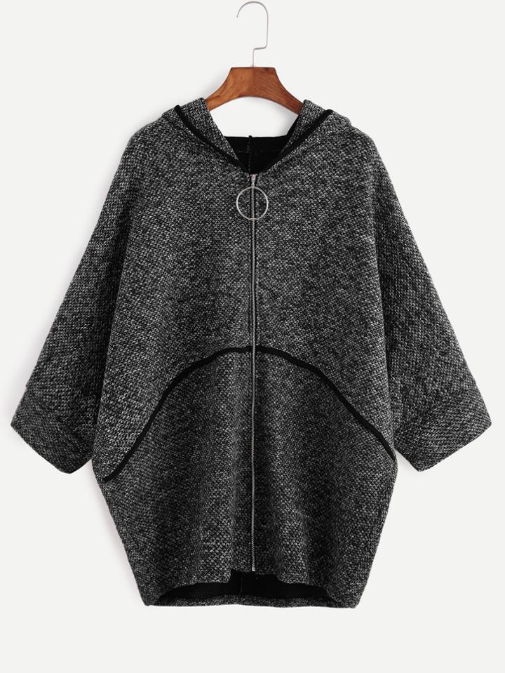 Romwe Dark Grey Batwing Sleeve Zipper Up Hooded Coat