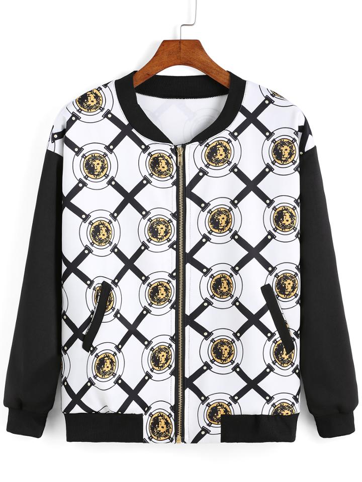 Romwe Contrast Sleeve Lion Print Zipper Jacket