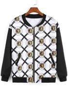 Romwe Contrast Sleeve Lion Print Zipper Jacket