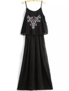 Romwe Geometric Embroidered Chiffon Black Cami Dress