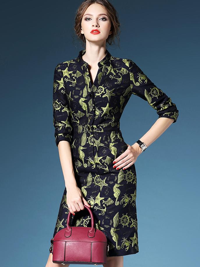 Romwe Multicolor V Neck Length Sleeve Jacquard Pockets Dress