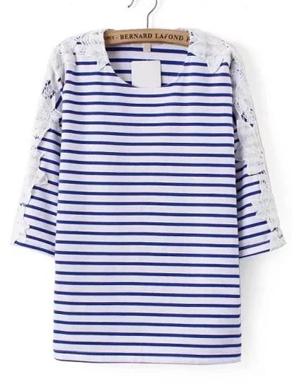 Romwe Blue And White Striped Contrast Lace T-shirt