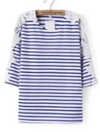 Romwe Blue And White Striped Contrast Lace T-shirt