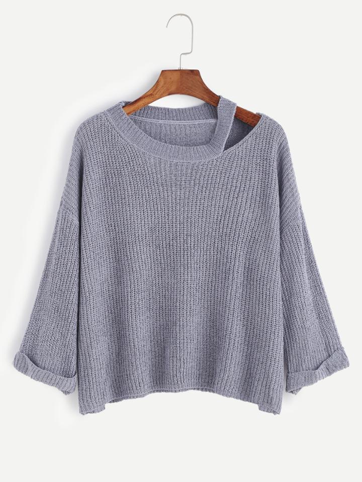 Romwe Blue Dropped Shoulder Seam Cutout Cuffed Sweater