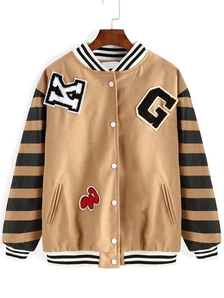 Romwe Striped Flocked Letter Patch Buttons Khaki Jacket