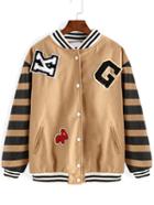 Romwe Striped Flocked Letter Patch Buttons Khaki Jacket