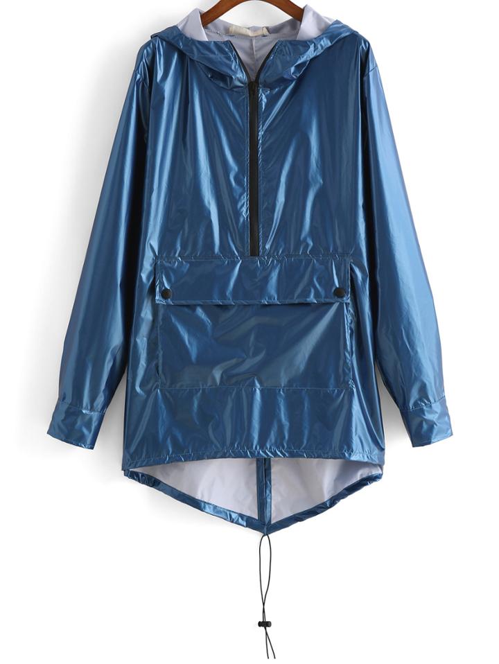 Romwe Hooded Dip Hem Zipper Coat