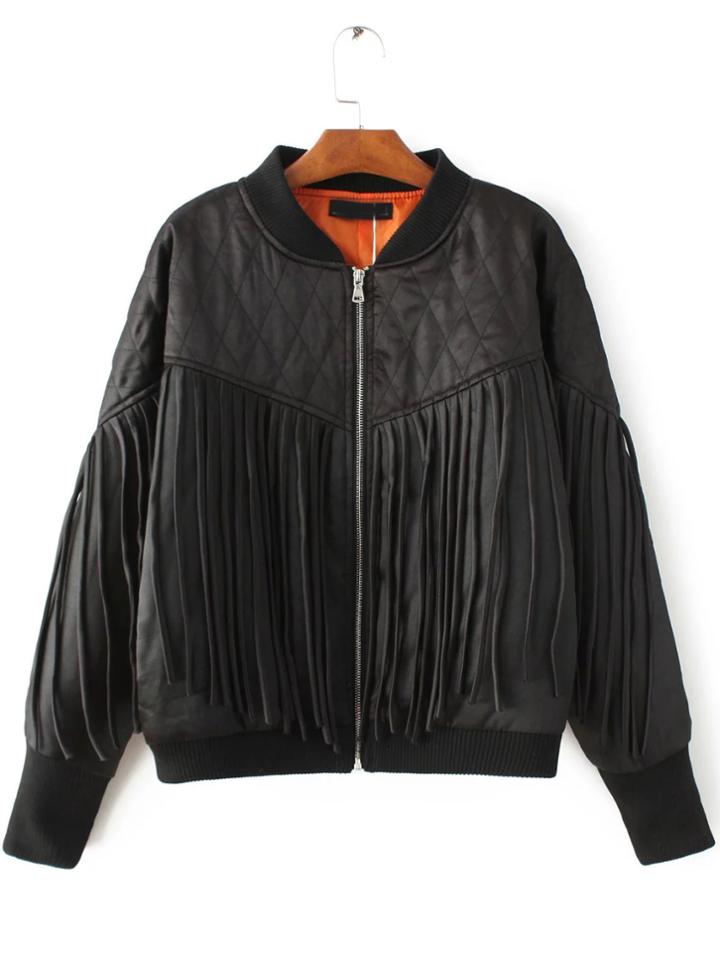 Romwe Black Fringe Detail Zipper Up Jacket