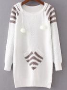 Romwe White Ribbed Trim Hooded Long Sweater With Pocket