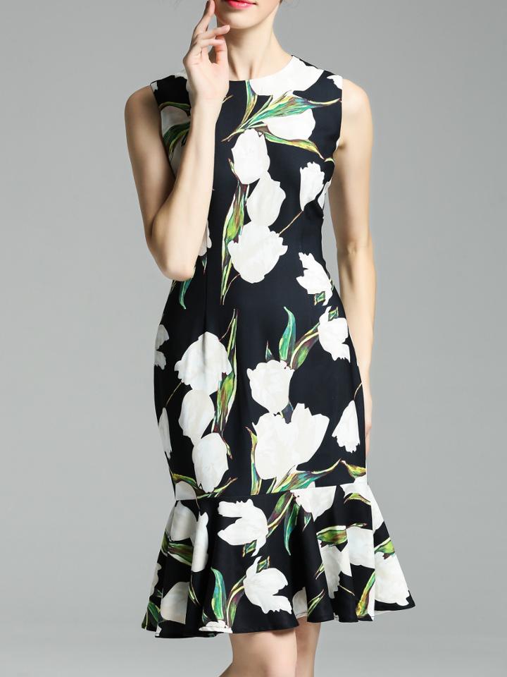 Romwe Black Flowers Print Frill Sheath Dress