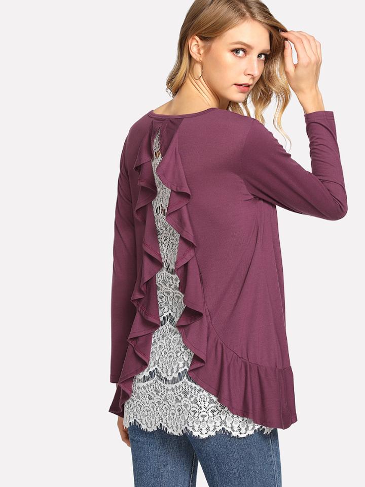 Romwe Contrast Eyelash Lace Ruffle Trim Tee