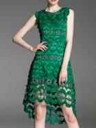 Romwe Green Crochet Hollow Out Embroidered High Low Dress