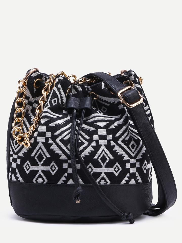 Romwe Black Tribal Print Drawstring Bucket Bag With Chain