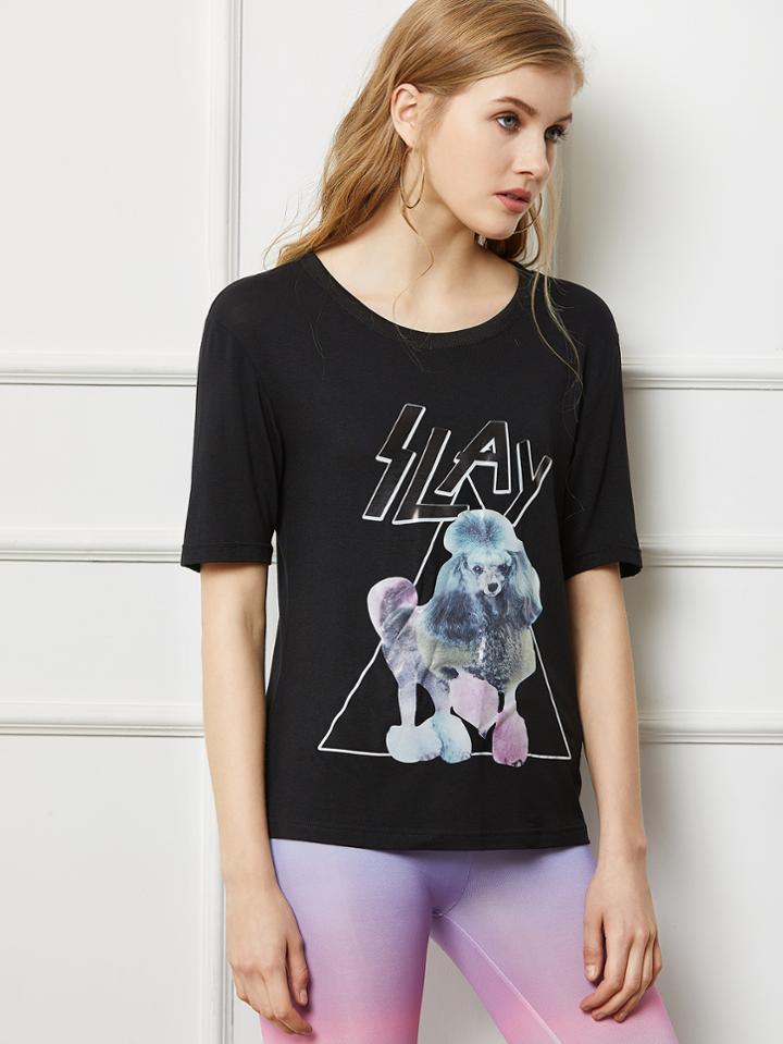 Romwe Black Short Sleeve Printed T-shirt