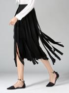 Romwe Black Elastic Waist Fringe Long Skirt