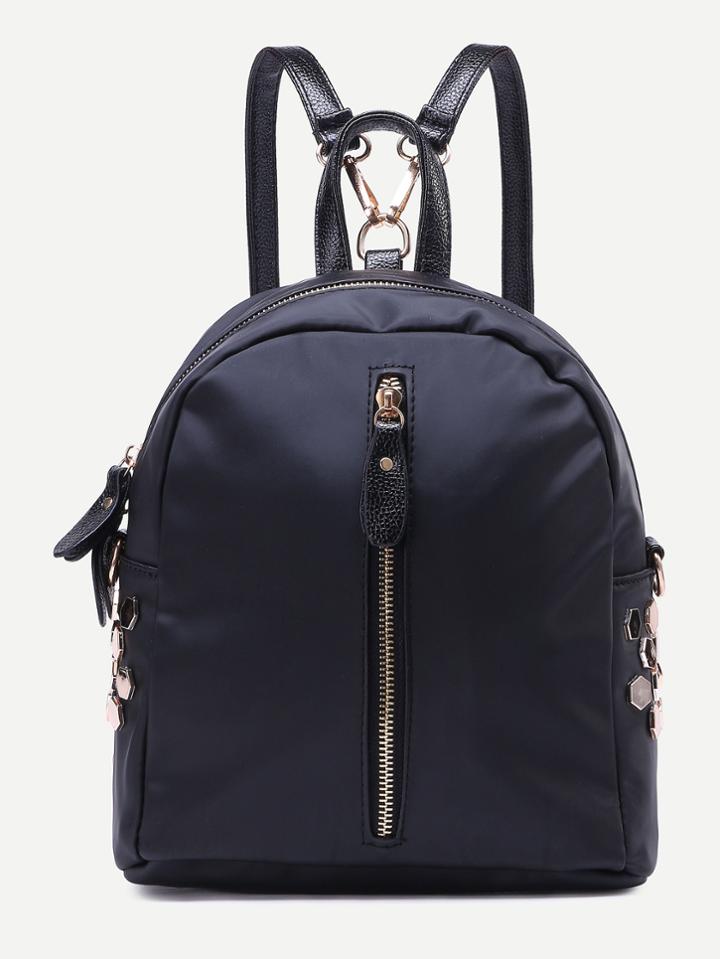 Romwe Black Faux Leather Double Strap Zipper Backpack