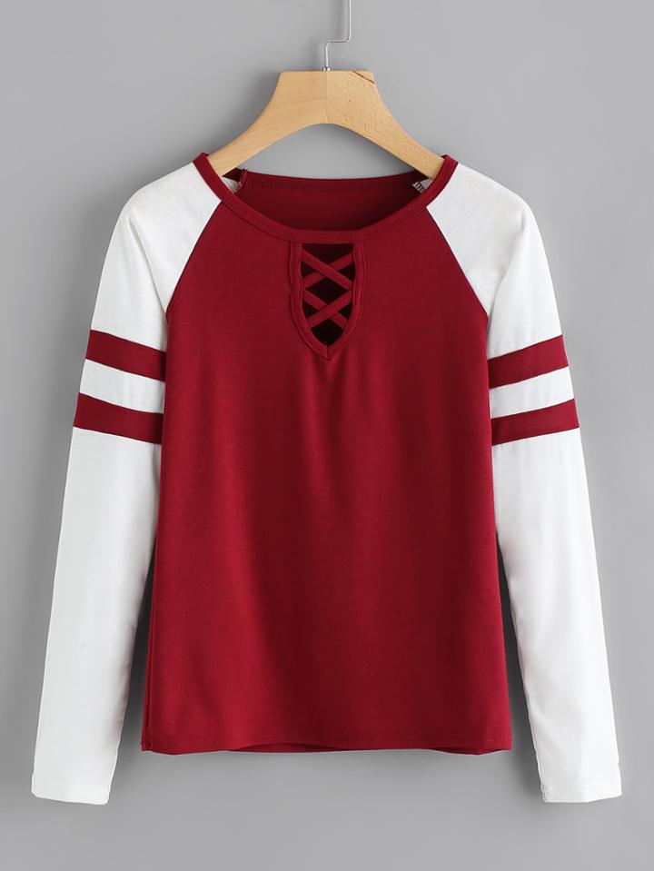 Romwe Striped Panel Cut Out Neck Tee