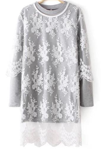Romwe Grey Long Sleeve Sheer Lace Two Pieces Dress