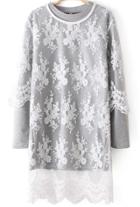 Romwe Grey Long Sleeve Sheer Lace Two Pieces Dress