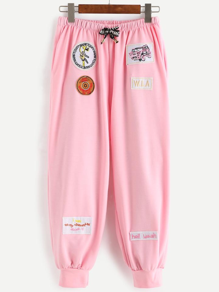 Romwe Pink Embroidery Patch Drawstring Pants