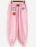 Romwe Pink Embroidery Patch Drawstring Pants