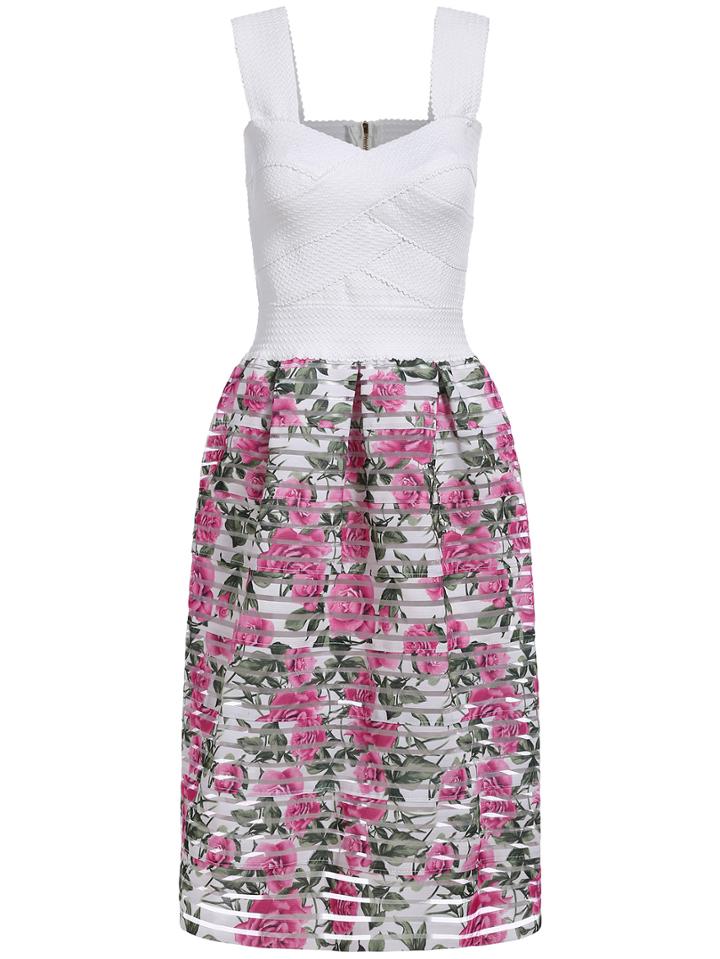 Romwe Strap Rose Print Striped Dress