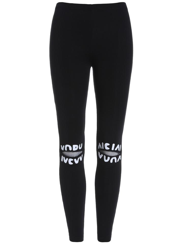 Romwe Letters Print Cut-out Black Leggings