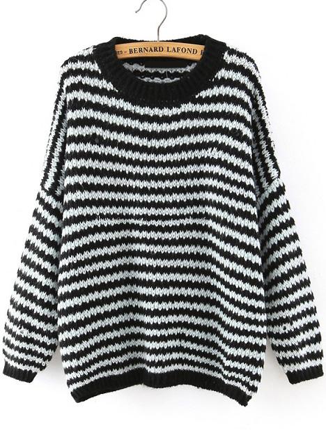 Romwe Crew Neck Loose Striped Black Sweater