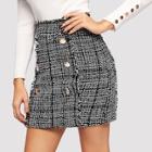 Romwe Frayed Trim Buttoned Tweed Skirt