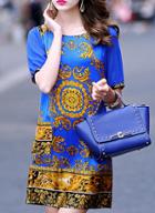 Romwe Blue Short Sleeve Vintage Print Dress