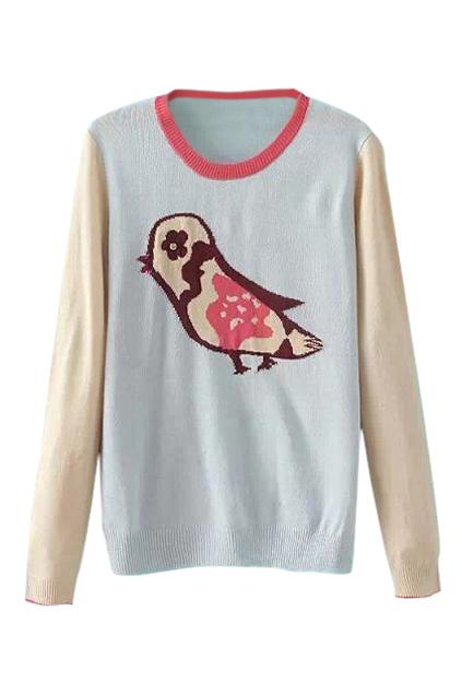 Romwe Bird Print Dual-tone Knitted Jumper