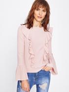 Romwe Flounce Front Trumpet Sleeve Ribbed Knit Top