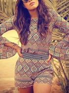 Romwe Bell Sleeve Geometric Print Top With Shorts