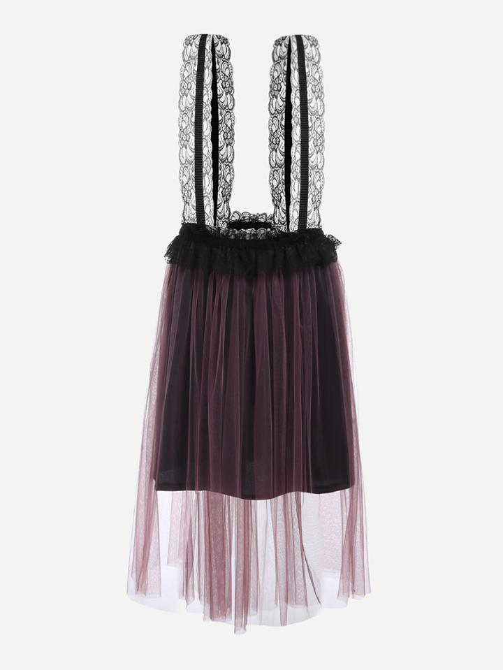 Romwe Lace Panel Mesh Pinafore Dress