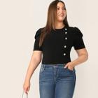 Romwe Plus Gold Button Detail Puff Sleeve Top