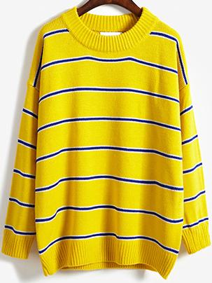 Romwe Round Neck Striped Loose Yellow Sweater