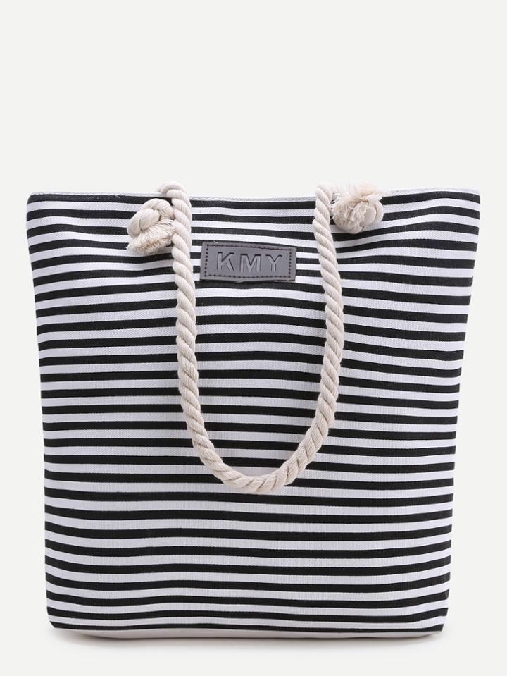 Romwe Black Striped Print Tote Bag