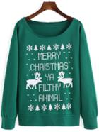 Romwe Christmas Trees Deer Print Green Sweatshirt