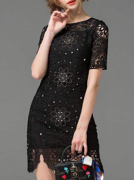 Romwe Black Crochet Hollow Out Beading Dress