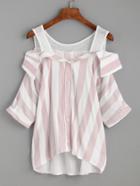 Romwe Pink Striped Contrast Open Shoulder High Low Blouse