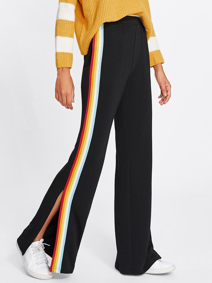Romwe Rainbow Tape Side Split Pants