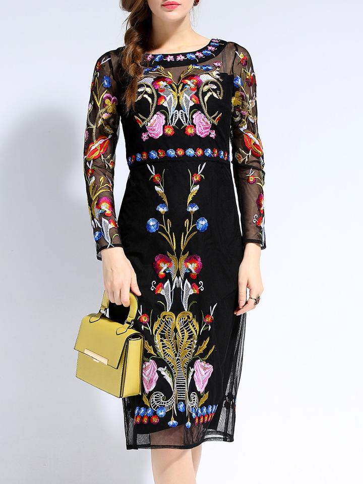 Romwe Black Long Sleeve Backless Contrast Gauze Embroidered Dress